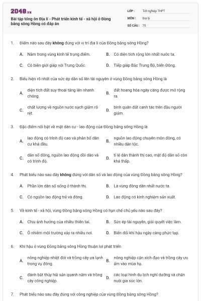 Bài tập tổng ôn Địa lí - Phát triển kinh tế - xã hội ở Đồng bằng sông Hồng có đáp án