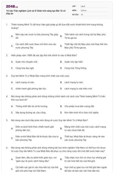 10 câu Trắc nghiệm Lịch sử 8 Chân trời sáng tạo Bài 16 có đáp án