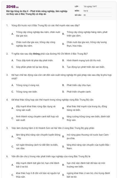 Bài tập tổng ôn Địa lí - Phát triển nông nghiệp, lâm nghiệp và thủy sản ở Bắc Trung Bộ có đáp án