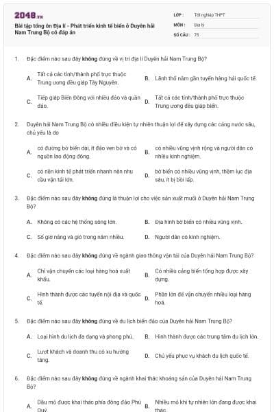 Bài tập tổng ôn Địa lí - Phát triển kinh tế biển ở Duyên hải Nam Trung Bộ có đáp án