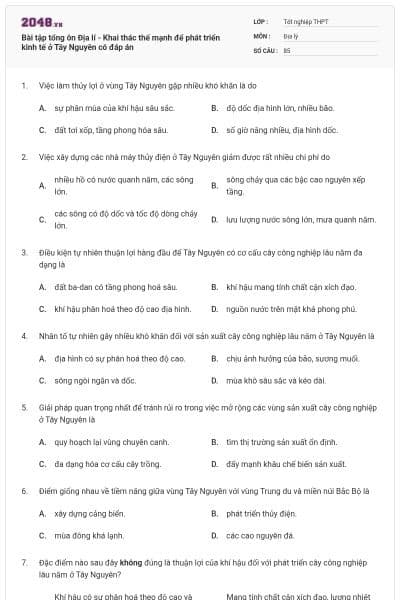 Bài tập tổng ôn Địa lí - Khai thác thế mạnh để phát triển kinh tế ở Tây Nguyên có đáp án