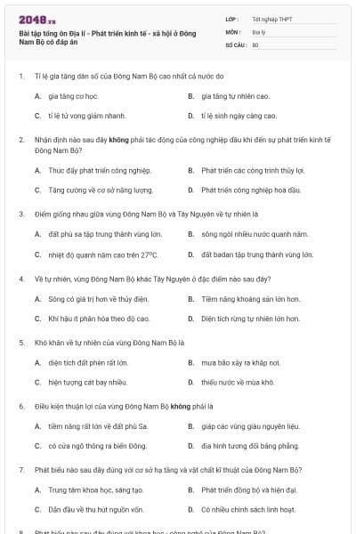 Bài tập tổng ôn Địa lí - Phát triển kinh tế - xã hội ở Đông Nam Bộ có đáp án