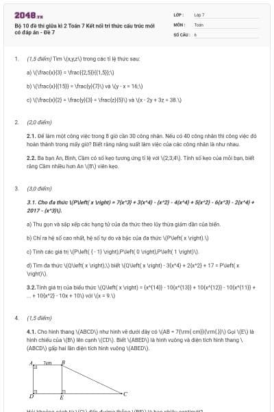 Bộ 10 đề thi giữa kì 2 Toán 7 Kết nối tri thức cấu trúc mới có đáp án - Đề 7