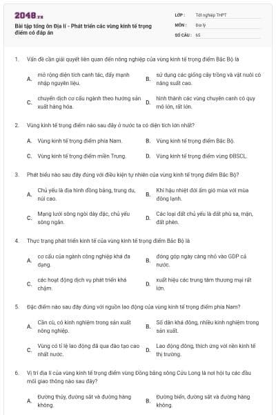 Bài tập tổng ôn Địa lí - Phát triển các vùng kinh tế trọng điểm có đáp án