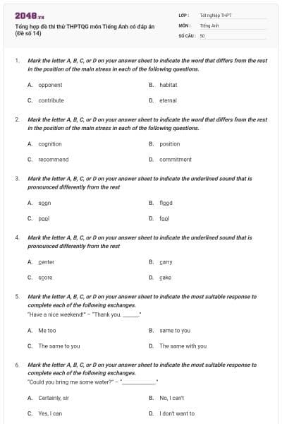 Tổng hợp đề thi thử THPTQG môn Tiếng Anh có đáp án (Đề số 14)