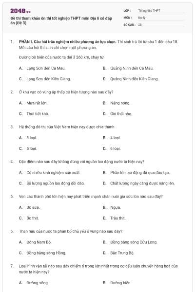Đề thi tham khảo ôn thi tốt nghiệp THPT môn Địa lí có đáp án (Đề 3)