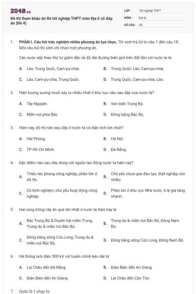 Đề thi tham khảo ôn thi tốt nghiệp THPT môn Địa lí có đáp án (Đề 4)