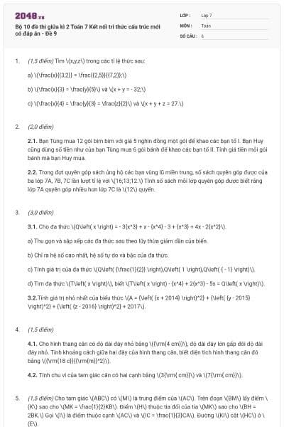 Bộ 10 đề thi giữa kì 2 Toán 7 Kết nối tri thức cấu trúc mới có đáp án - Đề 9