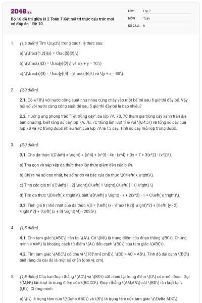 Bộ 10 đề thi giữa kì 2 Toán 7 Kết nối tri thức cấu trúc mới có đáp án - Đề 10