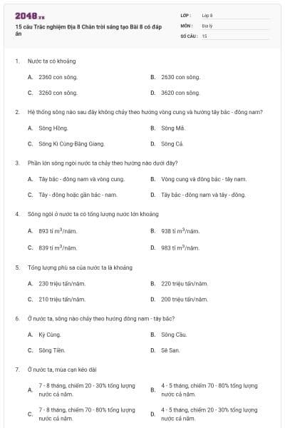 15 câu Trắc nghiệm Địa 8 Chân trời sáng tạo Bài 8 có đáp án