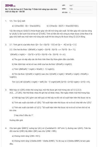 Bộ 12 đề thi học kì 2 Toán lớp 7 Chân trời sáng tạo cấu trúc mới có đáp án - Đề 08