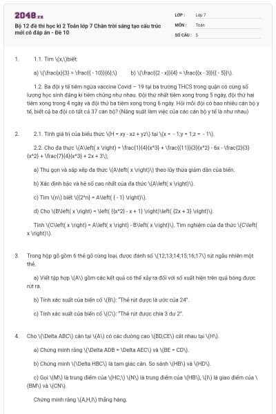 Bộ 12 đề thi học kì 2 Toán lớp 7 Chân trời sáng tạo cấu trúc mới có đáp án - Đề 10