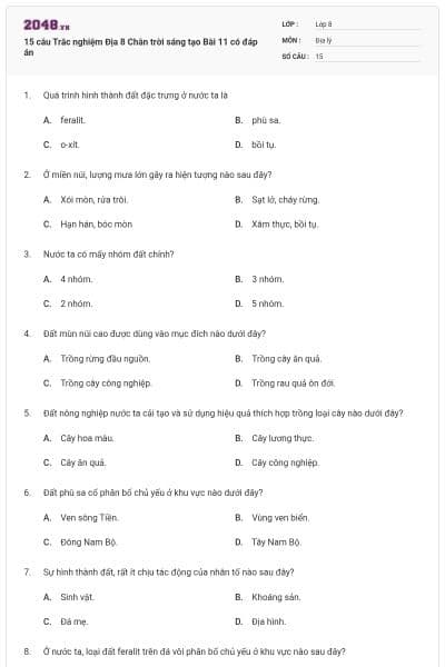 15 câu Trắc nghiệm Địa 8 Chân trời sáng tạo Bài 11 có đáp án