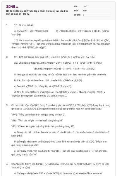Bộ 12 đề thi học kì 2 Toán lớp 7 Chân trời sáng tạo cấu trúc mới có đáp án - Đề 12
