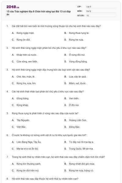 15 câu Trắc nghiệm Địa 8 Chân trời sáng tạo Bài 13 có đáp án