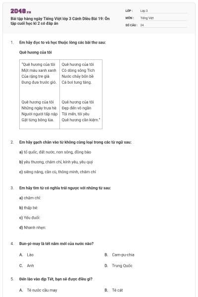 Bài tập hàng ngày Tiếng Việt lớp 3 Cánh Diều Bài 19: Ôn tập cuối học kì 2 có đáp án