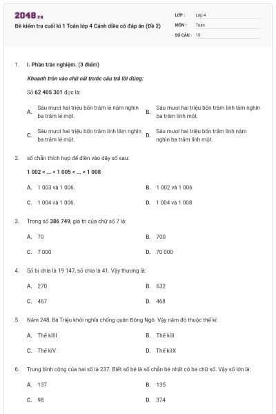 Đề kiểm tra cuối kì 1 Toán lớp 4 Cánh diều có đáp án (Đề 2)