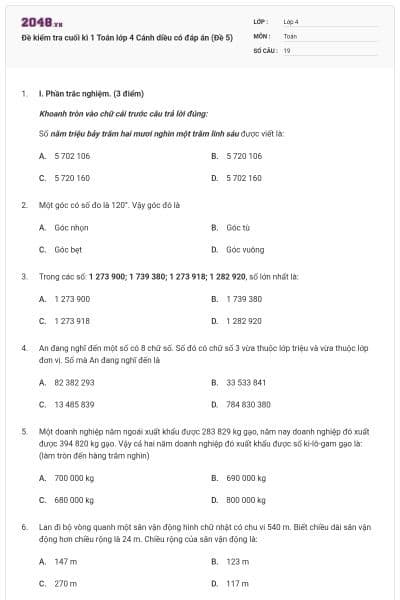 Đề kiểm tra cuối kì 1 Toán lớp 4 Cánh diều có đáp án (Đề 5)