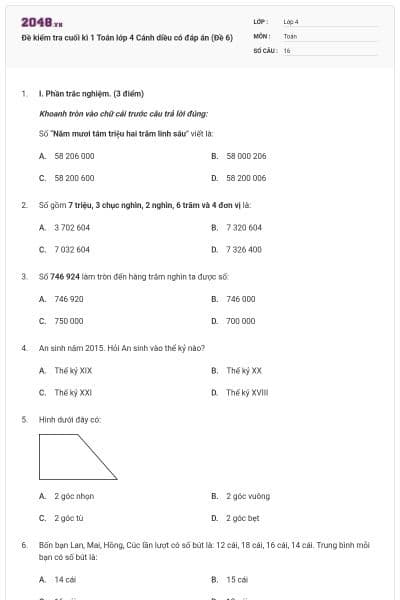 Đề kiểm tra cuối kì 1 Toán lớp 4 Cánh diều có đáp án (Đề 6)