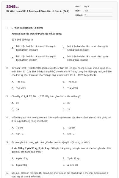 Đề kiểm tra cuối kì 1 Toán lớp 4 Cánh diều có đáp án (Đề 8)