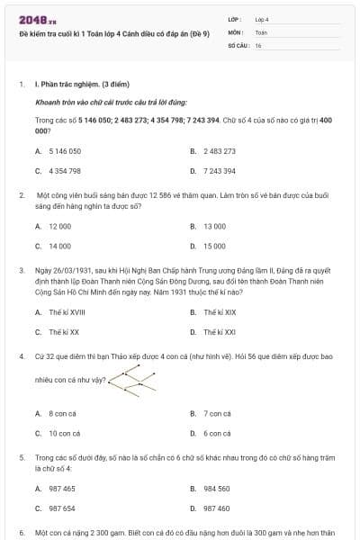 Đề kiểm tra cuối kì 1 Toán lớp 4 Cánh diều có đáp án (Đề 9)