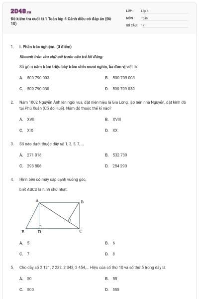 Đề kiểm tra cuối kì 1 Toán lớp 4 Cánh diều có đáp án (Đề 10)