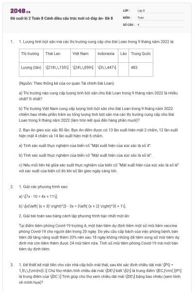 Đề cuối kì 2 Toán 8 Cánh diều cấu trúc mới có đáp án- Đề 8