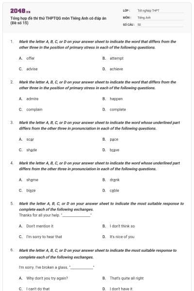 Tổng hợp đề thi thử THPTQG môn Tiếng Anh có đáp án (Đề số 15)