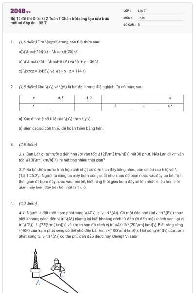 Bộ 10 đề thi Giữa kì 2 Toán 7 Chân trời sáng tạo cấu trúc mới có đáp án - Đề 7