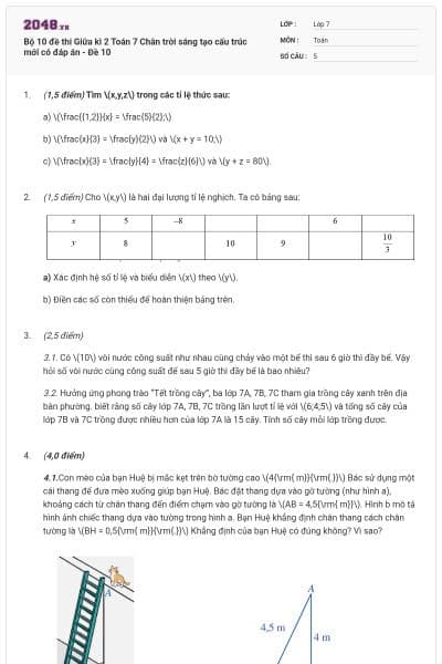 Bộ 10 đề thi Giữa kì 2 Toán 7 Chân trời sáng tạo cấu trúc mới có đáp án - Đề 10