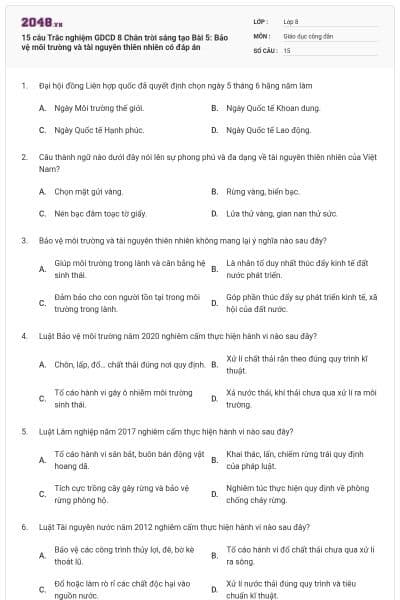 15 câu Trắc nghiệm GDCD 8 Chân trời sáng tạo Bài 5: Bảo vệ môi trường và tài nguyên thiên nhiên có đáp án