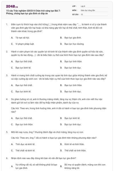 15 câu Trắc nghiệm GDCD 8 Chân trời sáng tạo Bài 7: Phòng, chống bạo lực gia đình có đáp án
