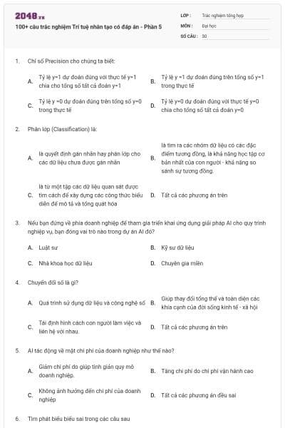 100+ câu trắc nghiệm Trí tuệ nhân tạo có đáp án - Phần 5
