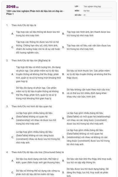 100+ câu trắc nghiệm Phân tích dữ liệu lớn có đáp án - Phần 1