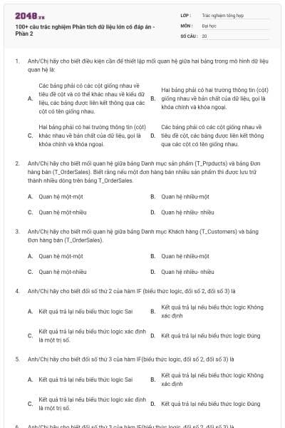 100+ câu trắc nghiệm Phân tích dữ liệu lớn có đáp án - Phần 2