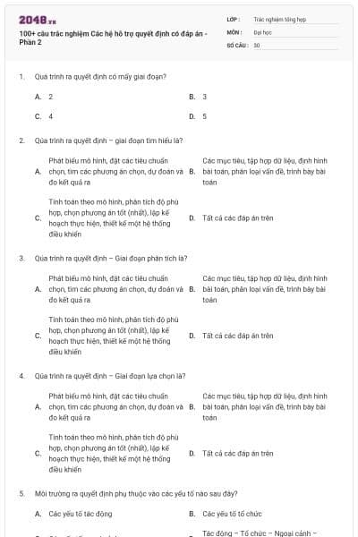 100+ câu trắc nghiệm Các hệ hỗ trợ quyết định có đáp án - Phần 2