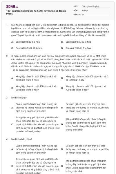 100+ câu trắc nghiệm Các hệ hỗ trợ quyết định có đáp án - Phần 3