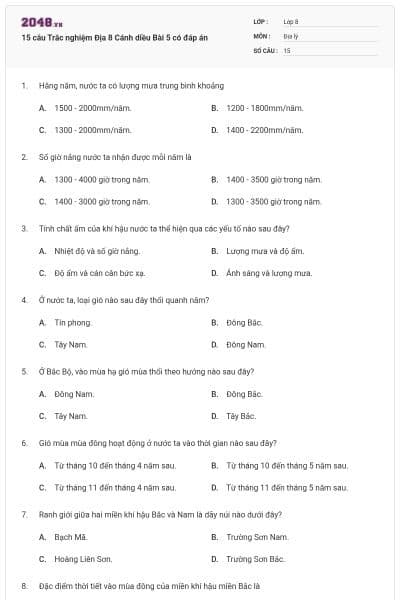 15 câu Trắc nghiệm Địa 8 Cánh diều Bài 5 có đáp án