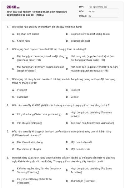 100+ câu trắc nghiệm Hệ thống hoạch định nguồn lực doanh nghiệp có đáp án - Phần 2
