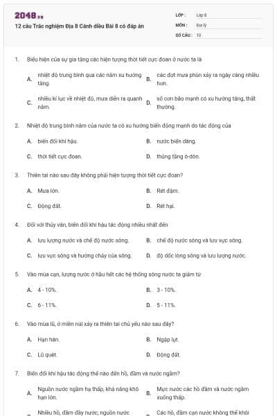 12 câu Trắc nghiệm Địa 8 Cánh diều Bài 8 có đáp án
