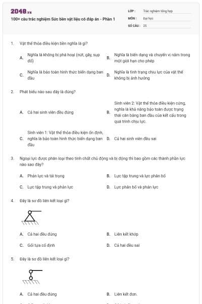 100+ câu trắc nghiệm Sức bền vật liệu có đáp án - Phần 1