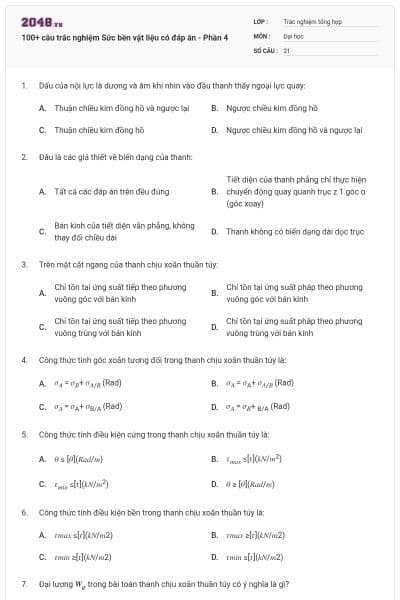 100+ câu trắc nghiệm Sức bền vật liệu có đáp án - Phần 4