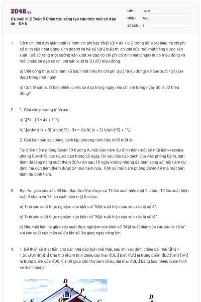 Đề cuối kì 2 Toán 8 Chân trời sáng tạo cấu trúc mới có đáp án - Đề 6
