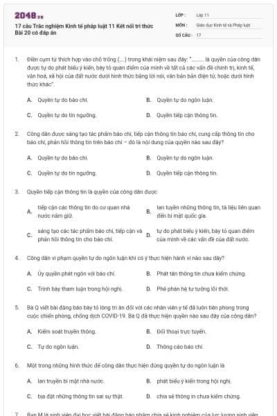 17 câu Trắc nghiệm Kinh tế pháp luật 11 Kết nối tri thức Bài 20 có đáp án