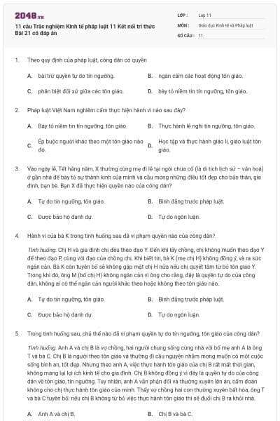 11 câu Trắc nghiệm Kinh tế pháp luật 11 Kết nối tri thức Bài 21 có đáp án