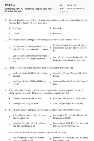 Bài tập tổng ôn KTPL - Cạnh tranh, cung cầu trong kinh tế thị trường có đáp án