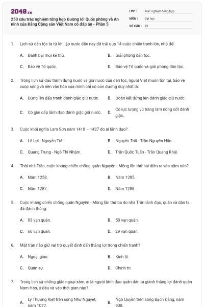 250 câu trắc nghiệm tổng hợp Đường lối Quốc phòng và An ninh của Đảng Cộng sản Việt Nam có đáp án - Phần 5