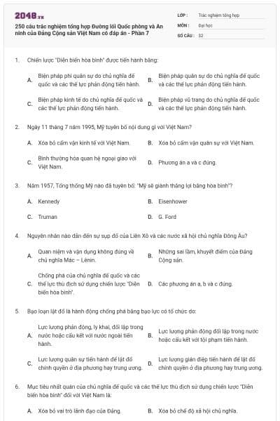 250 câu trắc nghiệm tổng hợp Đường lối Quốc phòng và An ninh của Đảng Cộng sản Việt Nam có đáp án - Phần 7