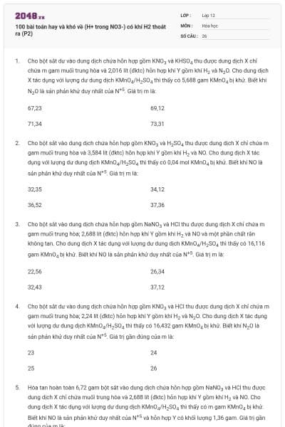 100 bài toán hay và khó về (H+ trong NO3-) có khí H2 thoát ra (P2)