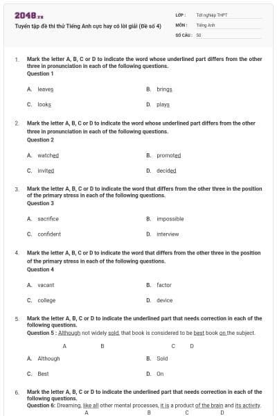 Tuyển tập đề thi thử Tiếng Anh cực hay có lời giải (Đề số 4)
